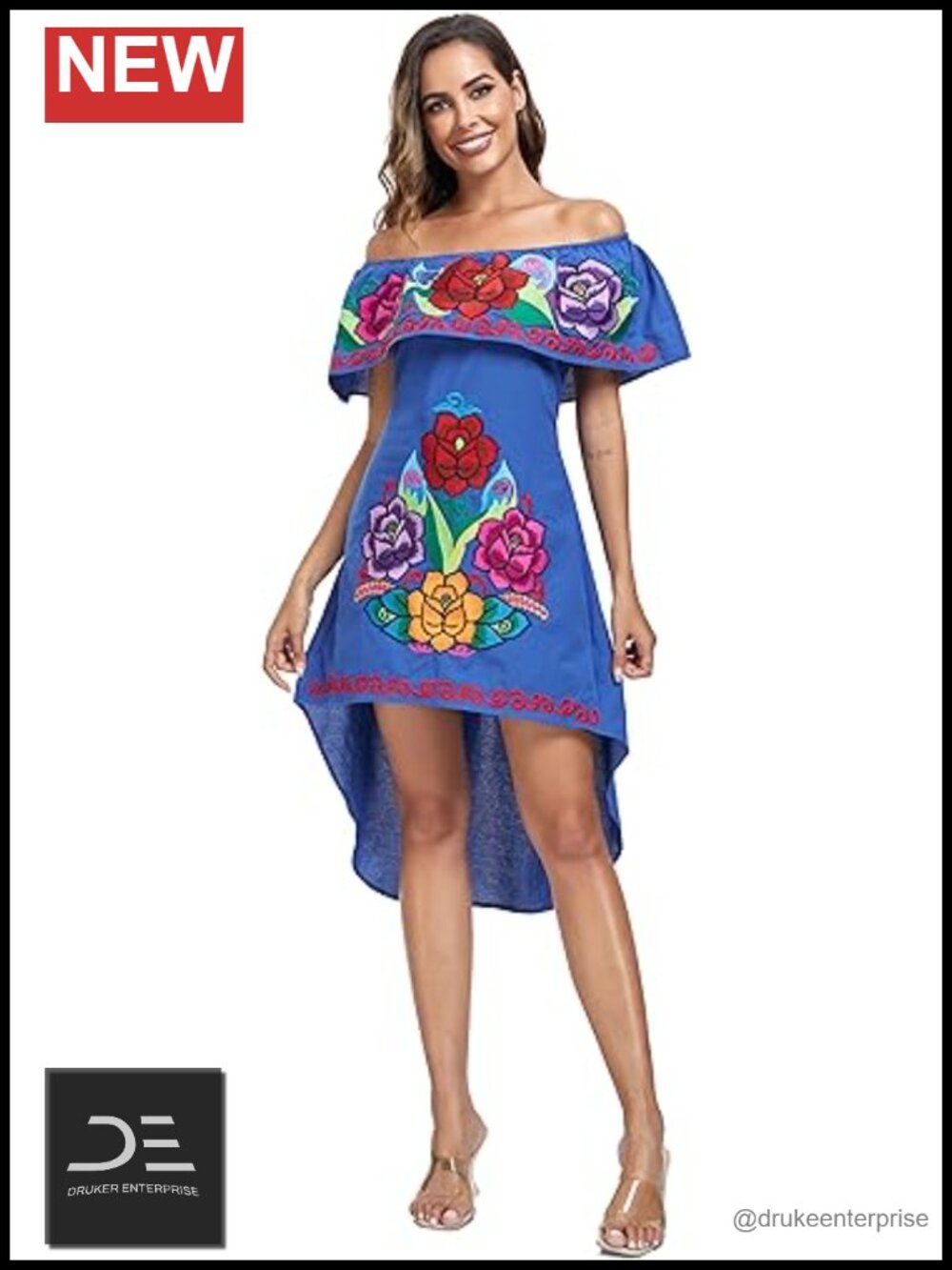 Mexican Floral Embroidered Off Shoulder Cotton High Low Party Dress